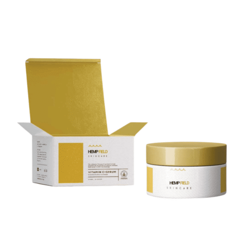 Printed Hemp Cream Boxes showcasing a luxurious Vitamin C Serum packaging from Hemp Field Skincare, featuring a stylish gold and white design with a detailed box and cream jar.