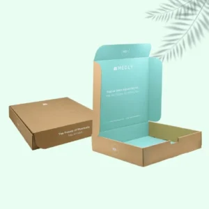 Eco-friendly Kraft mailer box adorned with a green leaf, highlighting its commitment to sustainability and nature.