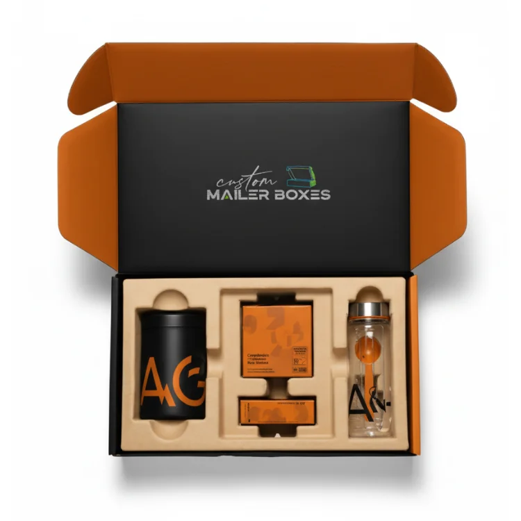 Luxury black and orange custom mailer influencer boxes with foam inserts holding branded water bottle and cosmetic products for an unboxing experience.