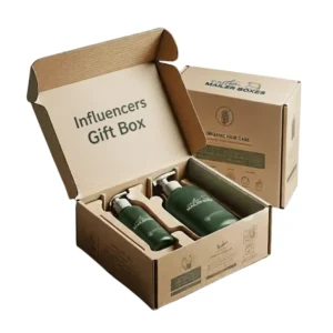 Custom rigid mailer box for influencer gift kit showing open brown kraft structure with protective inserts holding green cosmetic bottles.