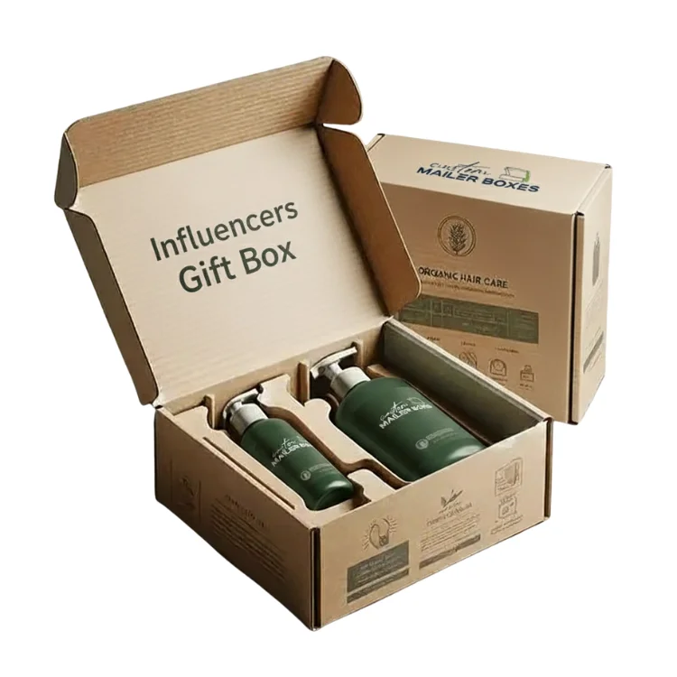 Custom rigid mailer box for influencer gift kit showing open brown kraft structure with protective inserts holding green cosmetic bottles.