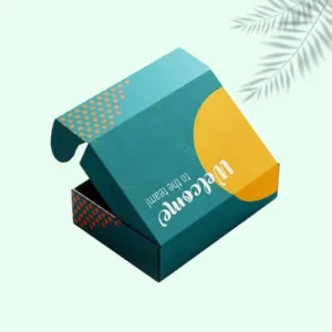 A mailer box featuring a vibrant yellow and blue design, perfect for eye-catching packaging