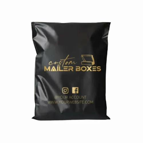 Custom black poly mailer bags with gold logo and social media icons for secure e-commerce shipping.