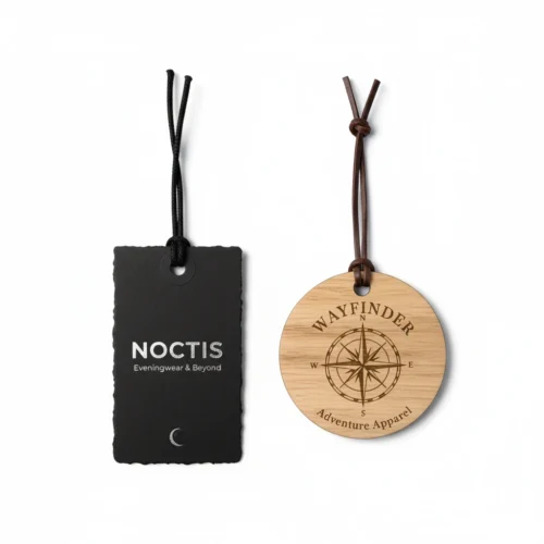 A black, rectangular clothing hang tag with 'NOCTIS' and a crescent moon, alongside a circular wooden tag engraved with 'WAYFINDER' and a compass rose, both on a white background.