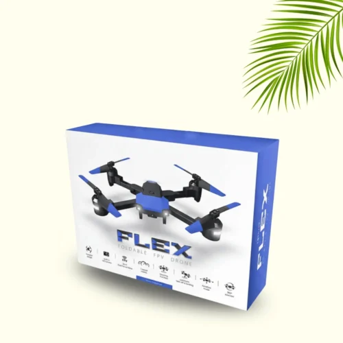 A sleek, modern white and blue packaging box for a "FLEX" brand foldable custom drone packaging boxes. The box features an image of the drone, along with several icons representing its features.