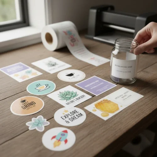 Assortment of custom-printed product stickers and labels on a wooden surface, including coffee, soap, and nursery brand designs.