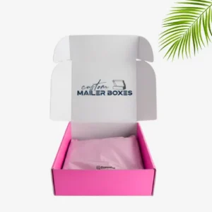 An open hot pink mailer boxes with a white interior. The inside lid has the "Custom Mailer Boxes" logo printed on it. A piece of light pink tissue paper is placed inside the box.