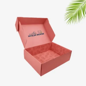 A three-quarters shot of an open, salmon-colored shipping box with the