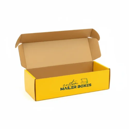 Custom branded yellow mailer box with a printed logo, ideal for e-commerce and subscription box packaging.