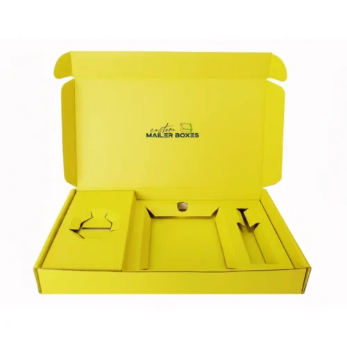 Custom yellow mailer box with a die-cut insert for secure product packaging.