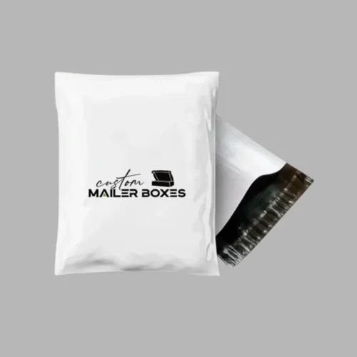 White custom poly mailer bag with black logo for postal shipping and product packaging.