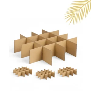Assembled corrugated cardboard cross-partition cell dividers forming a multi-cell honeycomb grid insert for product separation, with three smaller unassembled divider sets shown below.