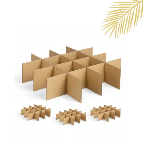 Assembled corrugated cardboard cross-partition cell dividers forming a multi-cell honeycomb grid insert for product separation, with three smaller unassembled divider sets shown below.