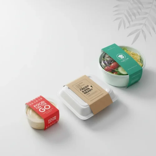 Custom food packaging sleeves for salad and takeaway containers; branded food sleeves for meals on the go.