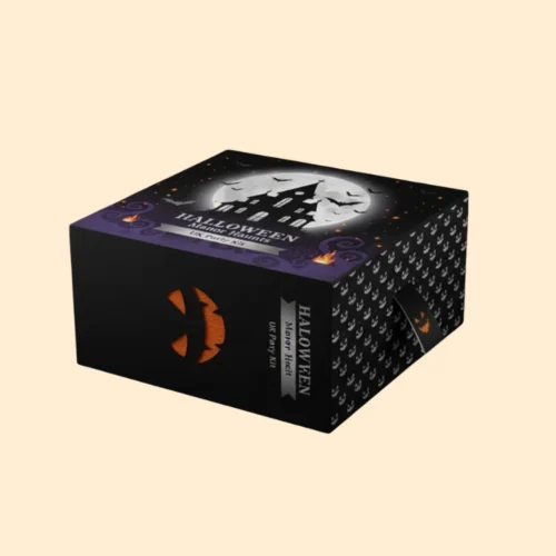 Luxury Halloween-themed square box 3D mockup. The design features a haunted mansion silhouette against a full moon on a black background, an orange pumpkin cut-out, and the text "HALLOWEEN Manor Haunt UK Party Kit.