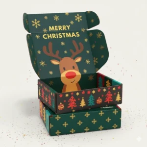 An open festive mailer, Christmas packaging boxes featuring a fun cartoon reindeer print and gold snowflakes on a dark green background. The inner box has a colorful pattern of Christmas trees and baubles.