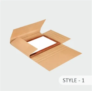 Brown Kraft easy fold mailer boxes in Style 1, shown laid flat and partially wrapping a framed item, highlighting the corrugated folds.