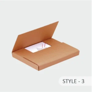 Corrugated easy-fold mailer in Style 3, shown partially open with an item (like a card) inside, featuring a front cutout.