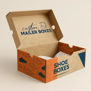 Open custom-printed corrugated cardboard “custom shoe boxes” with an orange interior and blue/white graphics, revealing white tissue paper inside.