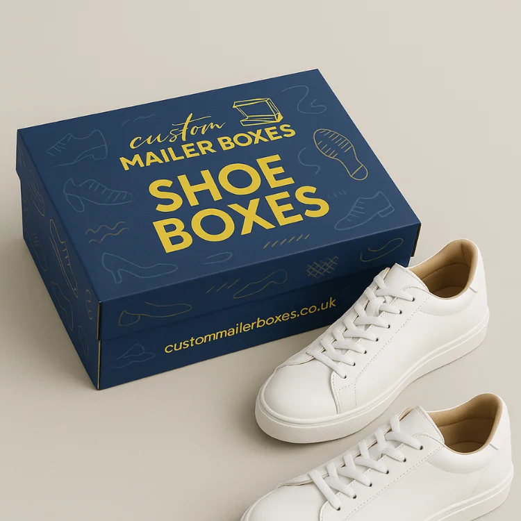 Custom-printed blue shoe box with a lid, featuring yellow text and line art of shoes, positioned next to a pair of white sneakers.