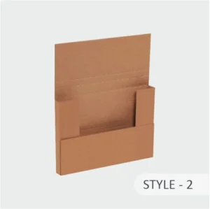 Kraft easy-fold mailer in Style 2, shown standing upright and open, forming an open-top box with protective side flaps.